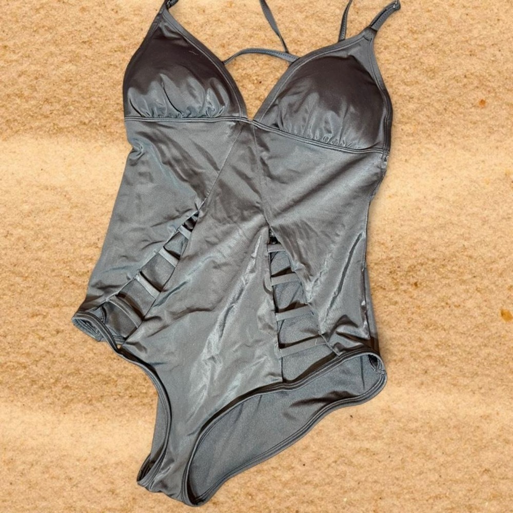 Adore Me Metallic Dark Gray Strappy Side Cutout One Piece Swimsuit Monokini L